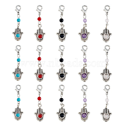 Round Gemstone & Alloy Hamsa Hand Pendant Decoration, with Lobster Claw Clasps, 41mm, 5 colors, 1pc/color, 5pcs/set(HJEW-AB00357)