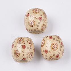 Printed Natural Wood Large Hole Beads, Barrel, Lead Free, Bisque, 16x14.5~16.5mm, Hole: 7.5mm(WOOD-R251-01I-LF)