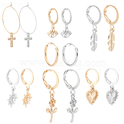 2 Sets 2 Colors Eye & Feather & Cross & Flower Alloy Dangle Hoop Earrings for Women, Platinum & Golden, 15~42mm, 7pairs/set, 1set/color(EJEW-SC0001-31)