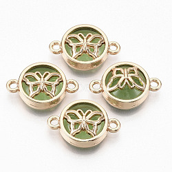Glass Links connectors, with Light Gold Plated Alloy Findings, Flat Round with Butterfly, Lime Green, 13.5x19.5x5.5mm, Hole: 1.6mm(GLAA-T015-13C)