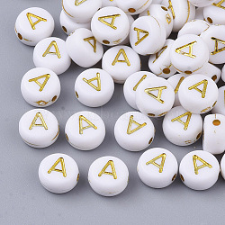 Plating Acrylic Beads, Golden Metal Enlaced, Horizontal Hole, Flat Round with Alphabet, White, Letter.A, 7x3.5mm, Hole: 1.2mm, about 360pcs/50g(X-PACR-R242-01A)