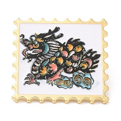 Wavy Rectangle with Dragon Enamel Pins, Light Gold Plated Alloy Brooch, Chinese Style Zodiac Sign Badge, Black, 30x30x1.5mm(JEWB-I026-02D)