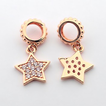 Brass Micro Pave Cubic Zirconia Star Pendants, Cadmium Free & Nickel Free & Lead Free, Real Rose Gold Plated, 19mm, Hole: 4mm