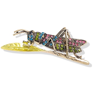 Grasshopper Antique Silver Alloy Rhinestone Brooches, Colorful, 20x65mm