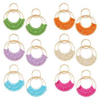 6 Pairs 6 Colors Raffia Grass Braided Flat Round Dangle Stud Earrings for Women, Light Gold Iron Long Drop Earrings, Mixed Color, 61~63x45~46mm, 1 pair/color