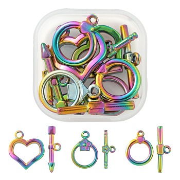 6 Sets 3 Style Ion Plating(IP) 304 Stainless Steel Toggle Clasps, Heart & Arrow, Ring & Bar, Rainbow Color, Ring: 18~20x13.5~18x2.7~3mm, Hole: 1.5~2mm, Bar: 19.5~23.5x6.5~7x2.5~3mm, Hole: 1.2~1.8mm, 2 sets/style