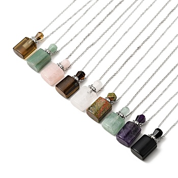 Openable Natural & Synthetic Mixed Stone Perfume Bottle Pendant Necklaces for Women, 304 Stainless Steel Cable Chain Necklaces, Stainless Steel Color, 18.74 inch(47.6cm)