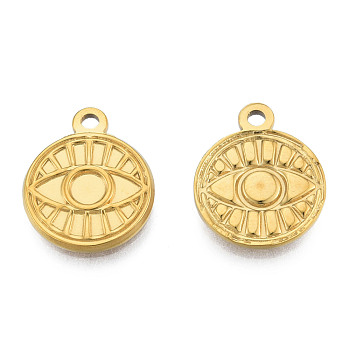 Ion Plating(IP) 201 Stainless Steel Pendants, Flat Round with Eye, Real 18K Gold Plated, 19x15x2mm, Hole: 1.8mm