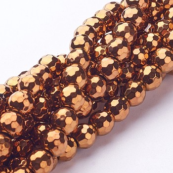 Non-magnetic Synthetic Hematite Beads Strands, Vacuum Plating, Faceted(128 Facets), Round, Red Copper Plated, 2mm, Hole: 1mm, about 203pcs/strand, 15.7 inch