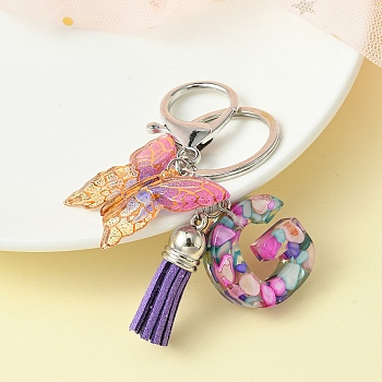 Resin Letter & Acrylic Butterfly Charms Keychain, Tassel Pendant Keychain with Alloy Keychain Clasp, Letter G, 9cm