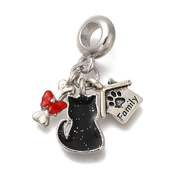 Rack Plating Alloy Red & Black Enamel European Dangle Charms, Cat & Bone & Pet House Large Hole Charms, Antique Silver & Platinum, 27mm, Hole: 4.5mm