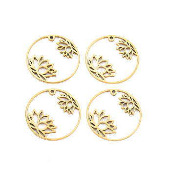 201 Stainless Steel Pendants, Ring with Flower, Real 18K Gold Plated, 25x1.5mm, Hole: 1.2mm