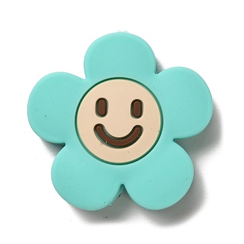 Silicone Beads, Flower with Smiling Face, Silicone Teething Beads, Turquoise, 30x31x8.5mm, Hole: 3mm
