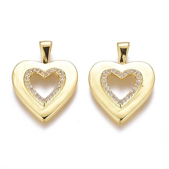 Brass Micro Pave Clear Cubic Zirconia Pendants, Long-Lasting Plated, Real 18K Gold Plated, Heart, 22x16x2.5mm, Hole: 4x1.5mm