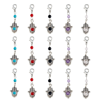 Round Gemstone & Alloy Hamsa Hand Pendant Decoration, with Lobster Claw Clasps, 41mm, 5 colors, 1pc/color, 5pcs/set
