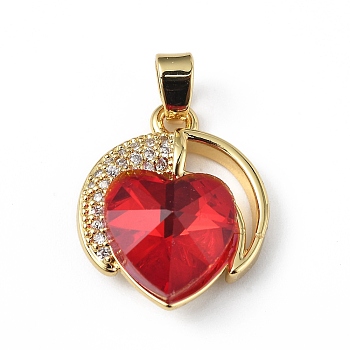 Real 18K Gold Plated Rack Plating Brass Micro Pave Clear Cubic Zirconia Pendants, with Glass, Long-Lasting Plated, Cadmium Free & Lead Free, Heart Charm, Red, 21x17.5x8mm, Hole: 5x3mm