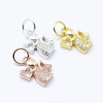 Brass Micro Pave Cubic Zirconia Charms, Angel, Lead Free & Nickel Free & Cadmium Free, Mixed Color, 12x9.5x2mm, Hole: 3.5mm