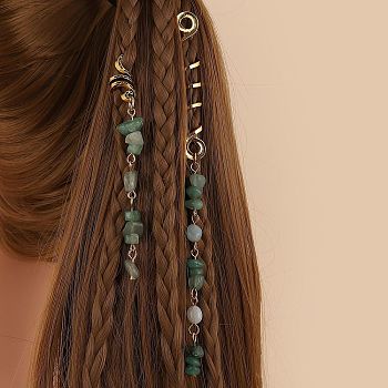 Alloy Dreadlocks Beads, Green Aventurine Braiding Hair Pendants Decoration Clips, 85~140x10mm, 2pcs/set