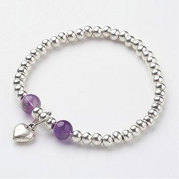 Tibetan Style Alloy Charm Bracelets, with Natural Amethyst Beads, 2-1/4 inch(55mm)