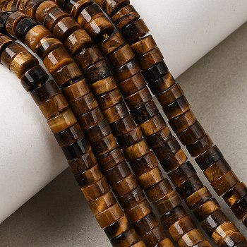 Natural Tiger Eye Beads Strands, Heishi Beads, Flat Round/Disc, 6x3~3.5mm, Hole: 0.8mm, about 54~55pcs/strand, 7.38''~7.54''(18.75~19.15cm)
