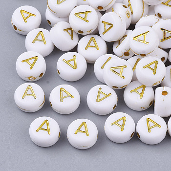 Plating Acrylic Beads, Golden Metal Enlaced, Horizontal Hole, Flat Round with Alphabet, White, Letter.A, 7x3.5mm, Hole: 1.2mm, about 360pcs/50g