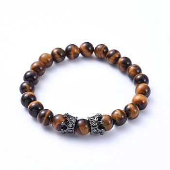Natural Tiger Eye Stretch Beaded Bracelets, with Brass Micro Pave Cubic Zirconia Crown Beads, Inner Diameter: 2-1/8 inch(5.5cm)