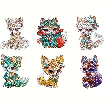 6 Style Fox Pendant Decoration DIY Diamond Painting Kit, Including Resin Rhinestones Bag, Diamond Sticky Pen, Tray Plate & Glue Clay, Mixed Color, Fox: 75x75mm