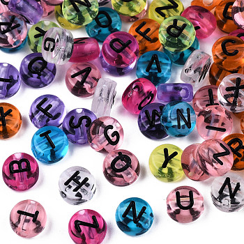 Transparent Mixed Color Acrylic Beads, Horizontal Hole, Flat Round with Black Random Letter, 7x4mm, Hole: 1.8mm, about 3600~3700pcs/500g