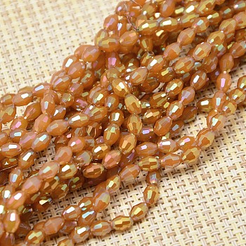 Electroplate Glass Beads Strands, AB Color Plated, Faceted, Oval, Orange Red, 6x4mm, Hole: 1mm, about 72pcs/strand, 16 inch