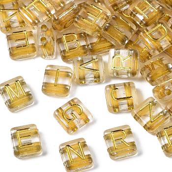 Transparent Electroplate Acrylic Multi-Strand Links, for Tile Elastic Bracelets Making, Rectangle with Golden Plated Mixed Letter, Clear, 8.5x7.5x4mm, Hole: 1.5mm, about 1950pcs/500g