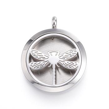 316 Surgical Stainless Steel Diffuser Locket Pendants, with Perfume Pad and Magnetic Clasps, Flat Round with Dragonfly, Stainless Steel Color, 36.5~37x30x6~6.5mm, Hole: 5mm, Inner Diameter: 23mm, 12Color/Set