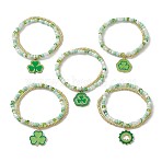 10Pcs 5 Styles Saint Patricks Day Theme Glass Seed Beaded Multi-strand Bracelets, Alloy Enamel Clover Charm Stretch Bracelets for Women, Green, Inner Diameter: 2-1/8 inch(5.5cm), 2pcs/style(BJEW-MZ00135-S)