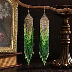 Bohemian Handmade Glass Seed Beads Tassel Dangle Earrings, Golden, Green, 137x20mm(KU8026)