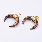 Natural Tiger Eye Pendants, with Golden Plated Brass Findings, Double Horn/Crescent Moon, 32~34x30~33x8.5mm Hole: 5x7mm(G-L466-A01)