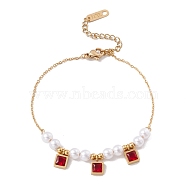 Square Cubic Zirconia Charm Bracelet with Acrylic Pearl, Gold Plated 304 Stainless Steel Jewelry for Women, Red, 6-3/4 inch(17cm)(BJEW-F396-20G-03)