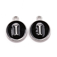 Platinum Plated Alloy Charms, Cadmium Free & Lead Free, with Enamel, Enamelled Sequins, Flat Round with Letter, Letter.I, 14x12x2mm, Hole: 1.5mm(ENAM-S118-02I-P)