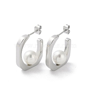 304 Stainless Steel Stud Earrings, with Glass Pearl, C-shape, Stainless Steel Color, 24x3mm(EJEW-M249-07P)