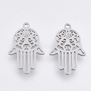 Tarnish Resistant 201 Stainless Steel Pendants, Laser Cut Pendants, Hamsa Hand/Hand of Fatima/Hand of Miriam, Stainless Steel Color, 21.5x13.5x1mm, Hole: 1.4mm(STAS-T044-77P)