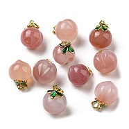 Natural Agate Pendants, Peach Charms with Brass Leaf Findings, Real 14K Gold Plated, 16x12x11mm, Hole: 3mm(G-R489-02G)