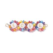 Electroplate Glass Copper Wire Wrapped Connector Charms, with Acrylic Beads, Real 18K Gold Plated, Flower with Word Love, Colorful, 48x13x3.5mm, Hole: 2~2.6mm(PALLOY-JF01376-01)