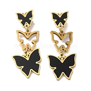 Golden 304 Stainless Steel Enamel Dangle Stud Earrings, Butterfly, Black, 40x16mm(EJEW-E293-01G)