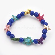 Synthetic Turquoise(Dyed) Beads Kids Stretch Bracelets, Sea Turtle & Starfish/Sea Stars & Round, Blue, 2-1/8 inch(5.5cm)(BJEW-JB03889-04)