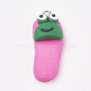 Handmade Polymer Clay Pendants, with Iron Findings, Slipper with Frog, Platinum, Deep Pink, 34~35x14x10mm, Hole: 2mm(X-CLAY-T012-25)