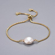 Brass Slider Bracelets, Bolo Bracelets, with Natural Baroque Pearl Keshi Pearl Beads, White, 9 inch(23cm), 1.3mm(BJEW-JB04266-02)