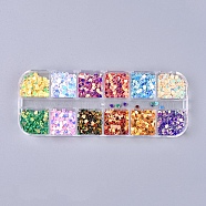 12 Colors Laser Shining Nail Art Glitter, Manicure Sequins, DIY Sparkly Paillette Tips Nail, Packing Box, Heart, Mixed Color, 2.5x3x0.3mm(MRMJ-WH0060-14F)