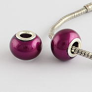 Spray Painted Glass European Beads, with Brass Silver Color Plated Cores, Large Hole Beads, Rondelle, Medium Violet Red, 15x12mm, Hole: 5mm(GPDL-R001-14S)