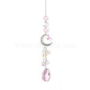 Glass Moon Hanging Suncatcher Pendant Decoration, Teardrop Crystal Ceiling Chandelier Ball Prism Pendants, with Alloy & Iron Findings, Hot Pink, 420~430mm(DJEW-PW0008-10B)