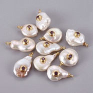 Natural Cultured Freshwater Pearl Pendants, with Brass Micro Pave Cubic Zirconia Cabochons, Long-Lasting Plated, Real 18K Gold Plated, Blue Violet, 16~22.5x10~14mm, Hole: 1.4mm(PEAR-F008-31G-07)