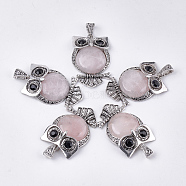 Natural Rose Quartz Big Pendants, with Rhinestone and Alloy Findings, Owl, Antique Silver, 50x32x9.5~10mm, Hole: 4.5x9mm(G-S353-01F)