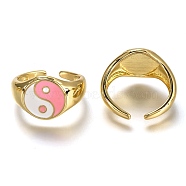 Brass Enamel Cuff Rings, Open Rings, Long-Lasting Plated, Flat Round with Gossip/Yin Yang, Real 18K Gold Plated, Pink, US Size 6, Inner Diameter: 17mm(RJEW-C100-22G-B)